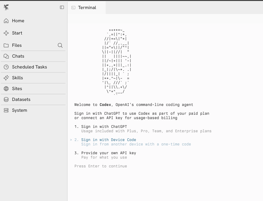 Codex sign-in screen with Device Code option selected